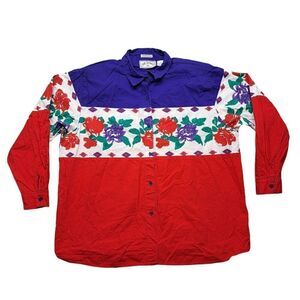 Vintage Side Saddle Western Shirt Womens 18 Button Up Roses Flowers Shoulder Pad